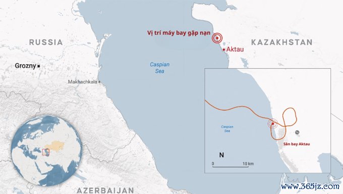 Vị trí máy bay rơi ở Aktau， Kazakhstan， ngày 25/12. Đồ họa: AA